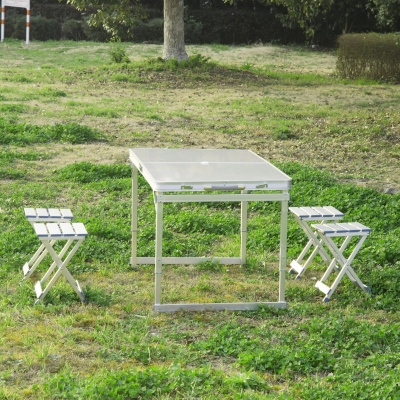 Outsunny 4' Portable Folding Picnic Table with 4 Seats Aluminum Height Adjustable Outdoor Garden Table and Chair Set, Silver