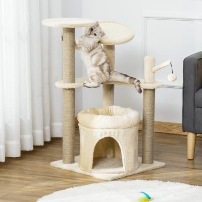 PawHut Cat Tree Tower Kitten Multi-Level House with Condo Bed Scratching Post Pad Perch Ball Toy 19x19x34.25 Inches, Beige