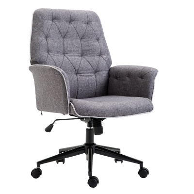 HOMCOM Office Chair Fabric Accent Armchair Mid-Back Tufted Executive Chair with Swivel Wheels, Adjustable Height, Thick Padding, Grey