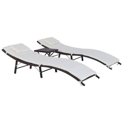 Outsunny 3 Piece Outdoor Folding Rattan Wicker Chaise Lounge Chair and Side Table Set