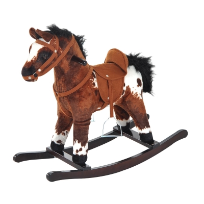Open Box Qaba Kids Metal Plush Ride-On Rocking Horse Chair Toy with Realistic Sounds - Light Brown / White