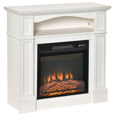 HOMCOM 32" Electric Fireplace with Mantel, Freestanding Heater with LED Log Flame, Shelf and Remote Control, 1400W, White