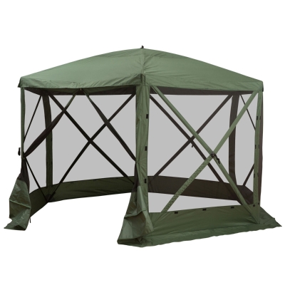 Outsunny 11.5' x 11.5' x 7.5' 6-Sided Hexagon Hub Gazebo Screen Tent with Mesh Netting Walls & Shaded Interior - Green/Black