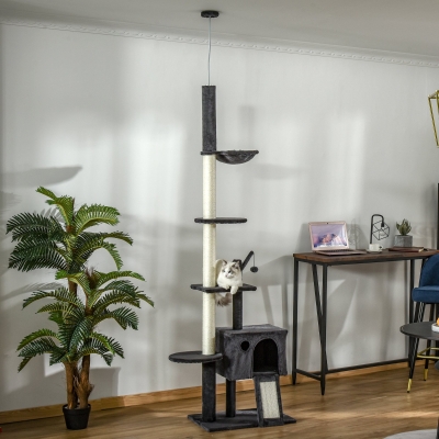 PawHut 110" Huge Cat Tree Kitty Activity Center Floor-to-Ceiling Cat Climbing Toy with Scratching Post Board Hammock Hanging Ball Rest Pet Furniture Dark Grey