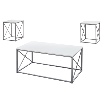 Monarch 3 Piece Modern Minimalist X Braced Laminate Top Coffee Table / Two Matching End Tables Set - White, Silver Metal