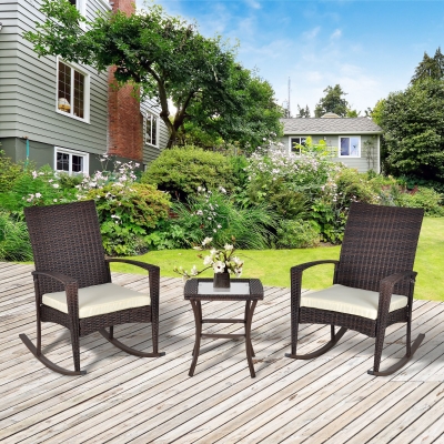 Outsunny 3 Pieces Rocking Chair Table Set Garden Wicker Furniture 2 Chair 1 Coffee Table Patio