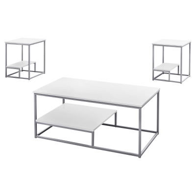 Monarch 3 Piece Modern Minimalist Smooth Laminate Top Coffee Table / Two Matching End Tables Set - White / Silver