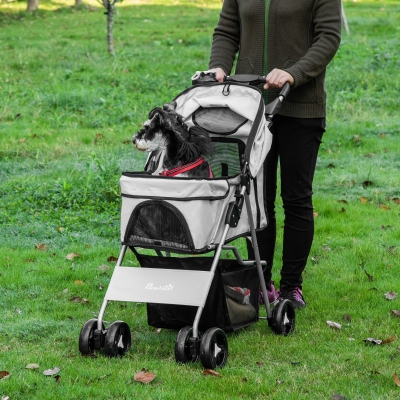 PawHut Pet Stroller Foldable Carrier for Cat, Dog and More 4 Wheels Travel Jogger with Cup Holder, Storage Basket, 360 ° swiveling front wheels, One Push Button- Fold, Grey