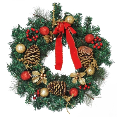 HOMCOM Christmas Wreath 24" Pre-Lit Artificial Greenery Xmas Spruce Wreath Cones Red Berries 20 LED Lights Battery Operated