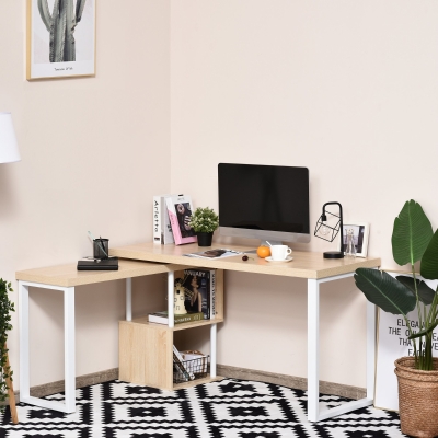 HOMCOM 360° Rotating Corner Desk L-Shaped PC Workstation Student Writing Table with Storage Shelf Home Office Oak Tone