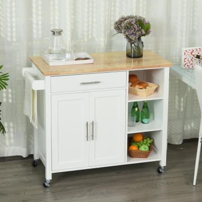 HOMCOM Wooden Rolling Kitchen Storage Island on 360° Swivel Wheels Dining Cart with Drawer for Kitchen, White