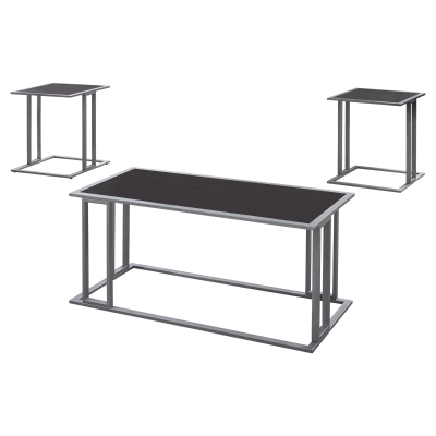 Monarch 3 Piece Modern Minimalist Smooth Laminate Coffee Table / Two Matching End Tables Set - Cappuccino / Silver Metal