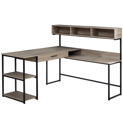 Monarch L-Shaped Contemporary Open Concept Wood-look Computer Desk with Storage - Dark Taupe / Black Metal