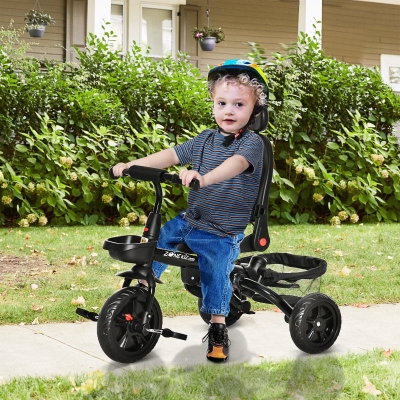 Qaba Baby Tricycle 4 In 1 Push Stroll w/ Reversible Angle Adjustable Seat Removable Handle Canopy Handrail Belt Storage Footrest Brake Clutch for 1-5 Years Old Red