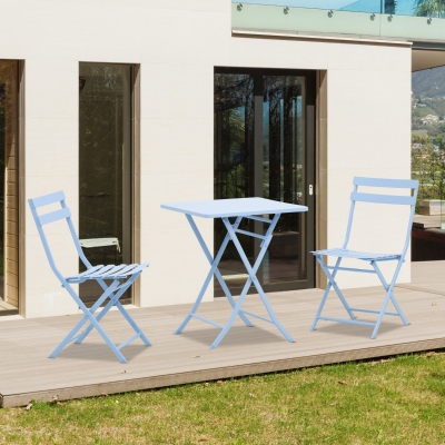 Outsunny 3 Pieces Garden Bistro Coffee Set Foldable Patio Chair & Square Table for Outdoor Yard Porch Poolside Balcony Blue