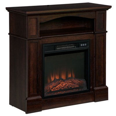 HOMCOM 32" Electric Fireplace with Mantel, Freestanding Heater with LED Log Flame, Shelf and Remote Control, 1400W, Brown