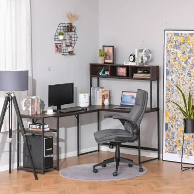 HOMCOM L-Shaped Office Desk with Shelf, Walnut Brown