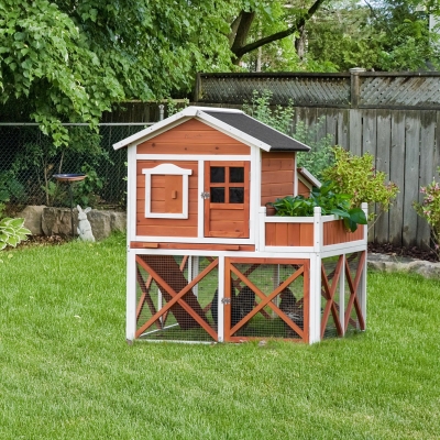 PawHut 44" Chicken Coop, Wooden Hen Run House, Rabbit Hutch with Nesting Box, Removable Tray, Asphalt Roof, Planting Lattice, Orange