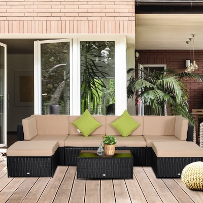 Outsunny 7pcs Wicker Rattan Sectional Set Outdoor Patio Sofa Table Footstools Set Garden Furniture with Cushions Khaki