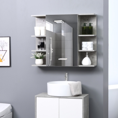 kleankin 32 Inch x 8 Inch Bathroom Medicine Cabinet, Wall Mounted Storage Organizer with Mirror Door, 6 Open Shelves, Grey