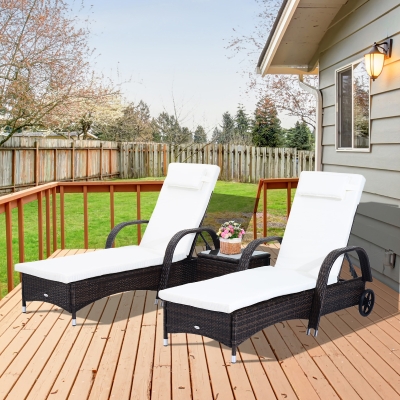 Outsunny 3pcs Wheeled Patio Rattan Lounge Set Reclining Chaise Adjustable Portable with Side Table Brown