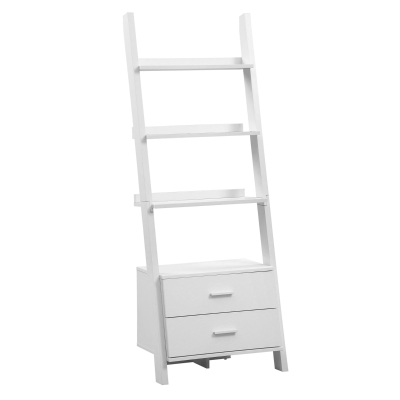 Monarch 69" Contemporary 4-Shelf Ladder Bookcase with Storage Drawers - White Finish