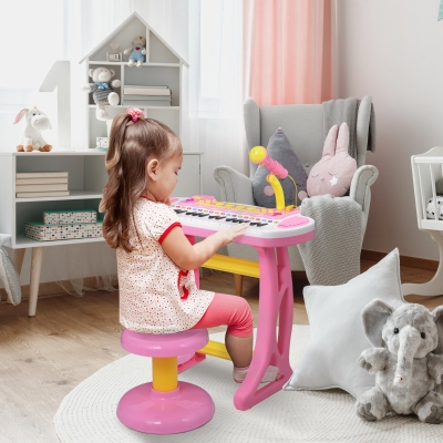 Qaba Kids Toddler Toy Piano Keyboard with Included Sitting Stool, Working Microphone, A Fun Bright Flashlight, Pink
