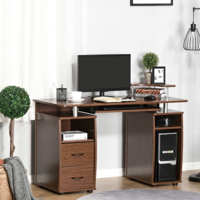 HOMCOM Computer Desk with Keyboard Tray, CPU Stand, Writing Desk with Drawers, Workstation for Home Office, Walnut Brown