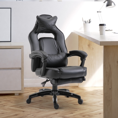 Vinsetto Ergonomic Office Chair High Back Racing Bucket Seat Headrest and Lumbar Cushion w/ Retractable Footrest, Black