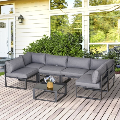 Outsunny 7 Pieces Outdoor Patio Furniture Set, Sofa Couch with Glass Coffee Table, Cushioned Chairs and Metal Frame, for Balcony Garden Backyard, Grey