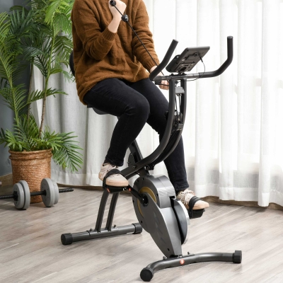 Soozier|HOMCOM Recumbent Exercise Bike Stationary Adjustable Pressure Control Resistance Foldable w/ LCD & Elastic Rope Grey