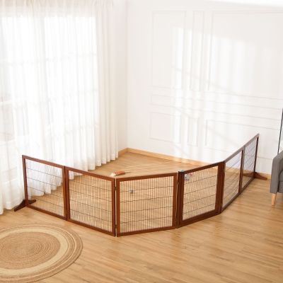 PawHut Wooden Pet Gate, Dog Safety Barrier, Freestanding Foldable Fence, w/ 6 Panels, 2 Support Feet, for House Doorway Stairs, Small & Medium Dogs, Coffee