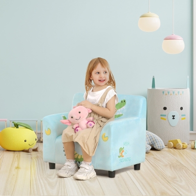 Qaba Kids Sofa, Armrest Chair for Preschool, Toddler Couch for Kids Room, Kindergarten with Cute Animal Print, Super-soft Velvet, Eucalyptus Wood, Light Blue