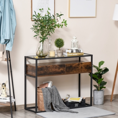 HOMCOM Entryway Console Table Desk with Drawers Toughened Glass Shelf 3D Wood Grain