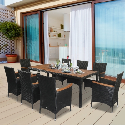 Outsunny 9 PCS Outdoor Patio Dining Set, Garden PE Rattan Wicker Furniture w/Acacia Wood Table Top, Stackable Armrest Chairs w/ Water-Proof Cushions