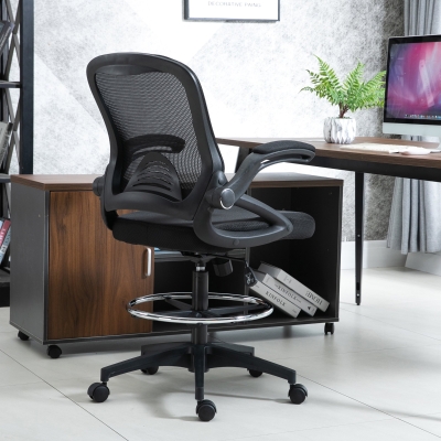 Vinsetto Adjustable Drafting Office Chair Tall Office Stand Up Chair with Flip-up Armrest and Foot Ring, 360° Swivel, Black