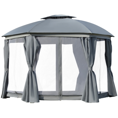 Outsunny 12' x 12' Round Outdoor Patio Gazebo Canopy with 2-Tier Roof, Netting Sidewalls, & Strong Steel Frame, Grey