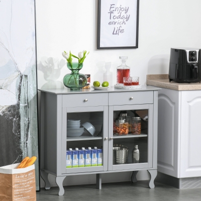 HOMCOM Retro Style Kitchen Sideboard Serving Buffet Storage Cabinet Cupboard with Glass Doors and Drawers, Adjustable Shelves