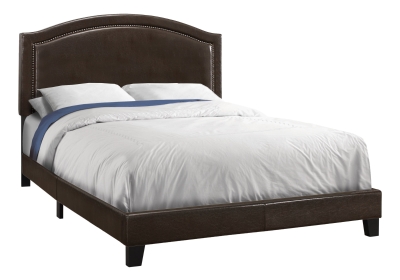 Monarch Queen Size Contemporary Upholstered Bed Frame with Brass Nail Head Trim and Wood Legs - Brown Leather Look
