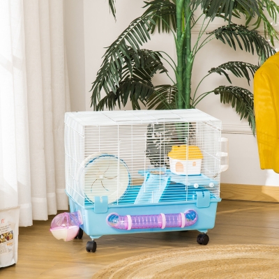 PawHut Hamster Cage, Gerbil Haven, Multi-storey Rodent House, Small Animal Habitats, Large Hide-out, w/ Water Bottle, Tubes, Excise Wheel, Food Dish, Ramp, Shower Room, Light Blue
