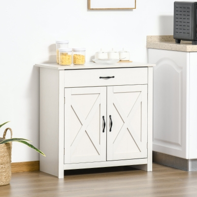 HOMCOM Farmhouse Barn Door Sideboard Accent Buffet Storage Cabinet Coffee Bar for Living Room, Entryway, Distressed White