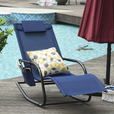 Outsunny Breathable Mesh Rocking Chair Patio Rocker Lounge for Indoor & Outdoor Recliner Seat w/ Removable Headrest for Garden and Patio Blue