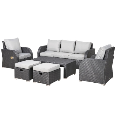 Outsunny 6-Piece Outdoor Rattan Wicker Set Cushioned Sofa, Recliner, Footstool, Table