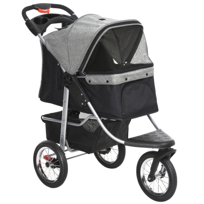 PawHut Luxury Folding Pet Stroller Dog/Cat Travel Carriage with Adjustable Canopy & a Zippered Mesh Window Door - Grey