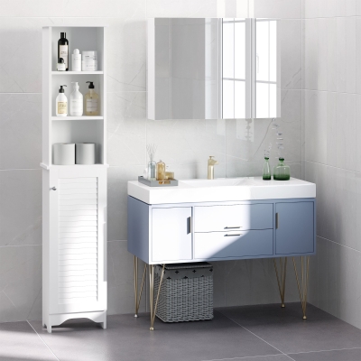 HOMCOM Tall Bathroom Storage Cabinet, Freestanding Linen Tower with 3-Tier Open Adjustable Shelf and Cupboard, White
