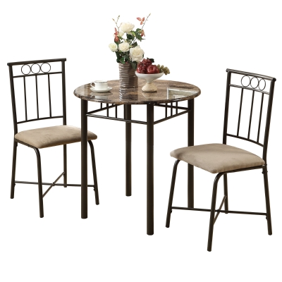 Monarch 3-Piece Modern 30" Round Marble-Look Top Metal Frame Table and Padded Chairs Dining Bistro Set - Cappuccino Brown Finish