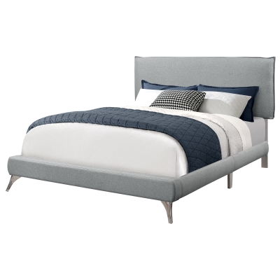 Monarch Queen Size Modern Upholstered Bed Frame with Padded Headboard and Chrome Legs - Grey Linen Look