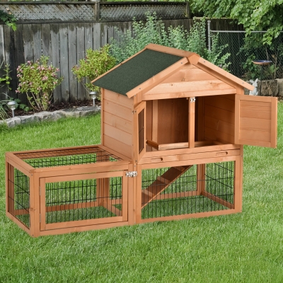 PawHut Wood Rabbit Hutch Bunny Small Animal House Portable with Outdoor Run