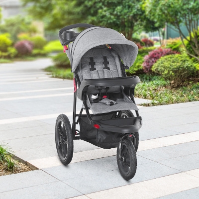 Qaba Baby Stroller Foldable Carriage for Toddler with Adjustable Backrest and Canopy Suspension System Rubber Tire 5-Point Harness Cup Holder Storage Basket Grey