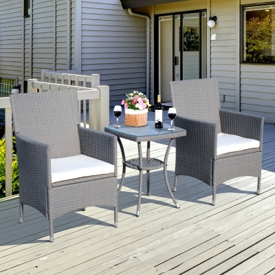 Outsunny 3 Pieces Patio Set Rattan Furniture Chair Bistro Wicker Steel Grey Garden